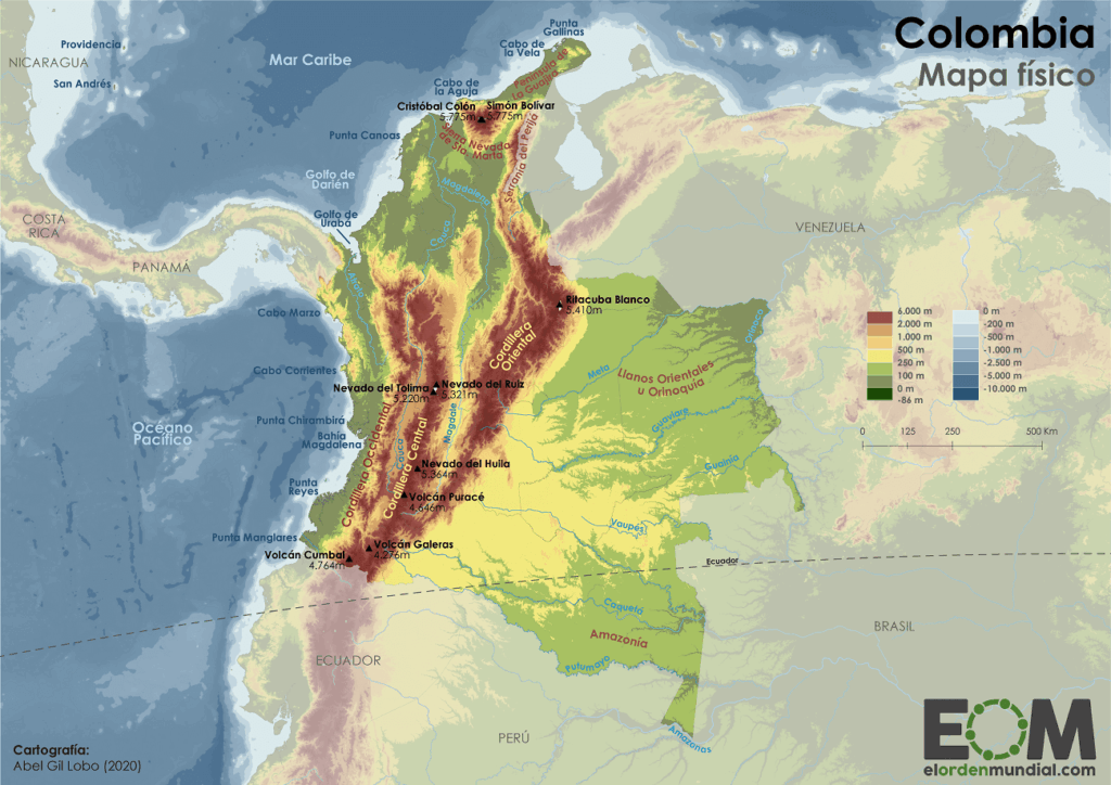 Mapa físico de Colombia (2020)
